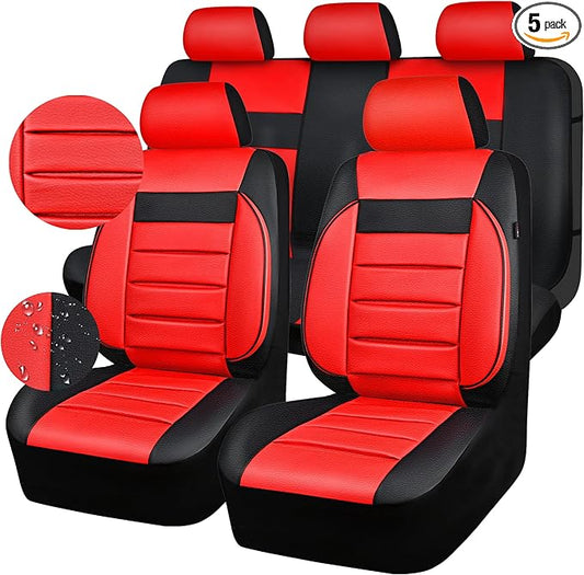 CAR PASS Leather Seat Covers Full Set Universal Water Resistant 3D Foam Back Support, Luxury Comfort Automotive 5 Seat Covers All Season Fit for SUV,Sedan,Van, Airbag Compatible Elegance (Black Red)