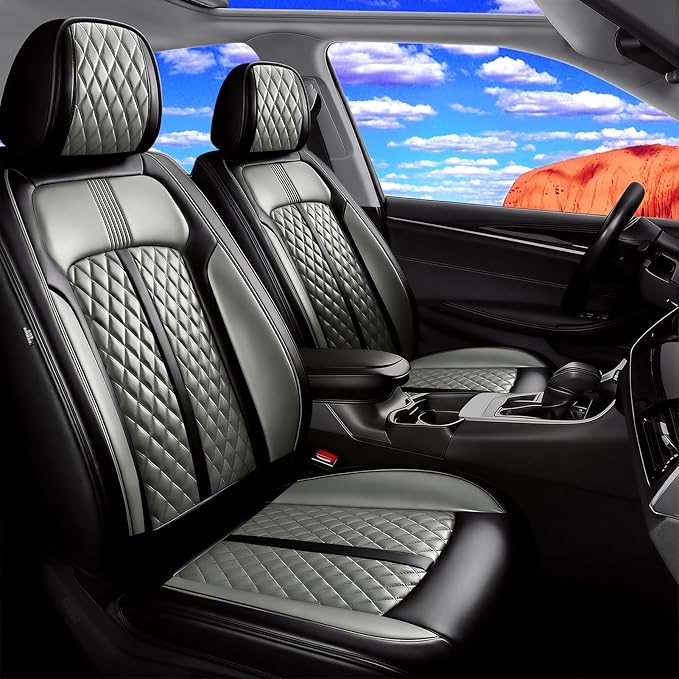 Fit RAV4 Car Seat Covers for Select Toyota RAV 4 2013-2026 /RAV4 Hybrid - Premium Full Coverage Leather, Waterproof & All Weather Seat Cushion Protector, Full Set, Black+Gray