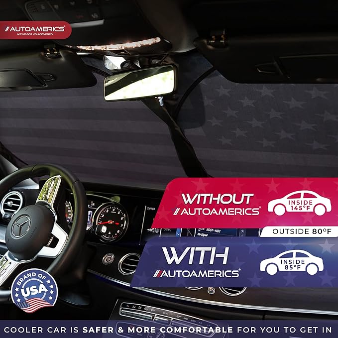 Autoamerics 1-Piece Windshield Sun Shade B&W American Flag USA Patriotic Design - Foldable Car Front Window Sunshade for Most Sedans SUV Truck - Blocks Max UV Rays and Keeps Your Vehicle Cool - Small