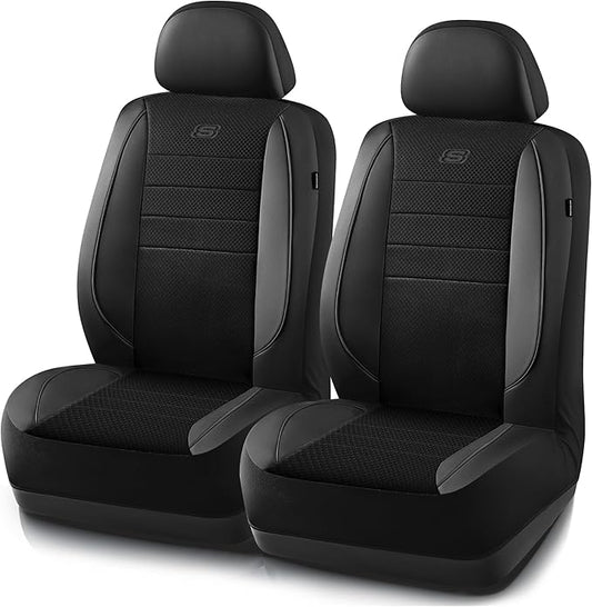 Skechers Air-Cooled Memory Foam Seat Covers,Mesh Thick Car Seat Covers,Piping Leather Car Seat Covers Front Seats,Airbag Compatible,Automotive Comfort Universal FitMost Cars,Vans,Truck,SUV,Black