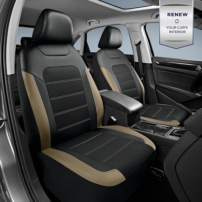 PIC AUTO Car Seat Covers, Premium Leather and Air Mesh Automotive Sports Seat Covers, Two Front Set, Airbag Compatible Universal Fits Most Cars, SUVs, Trucks and Vans (Black & Beige)