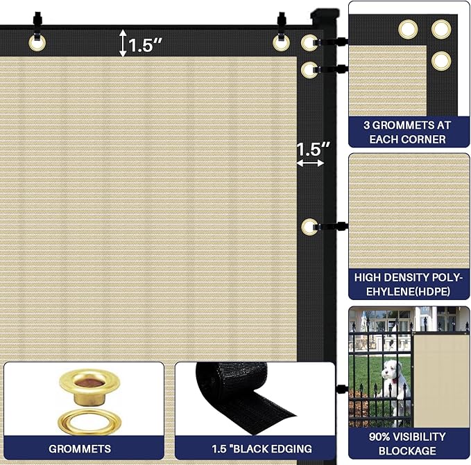 Windscreen4less Privacy Fence Screen Heavy Duty Windscreen Fencing Mesh Fabric Shade Net Cover with Brass Grommtes for Outdoor Wall Garden Yard Pool Deck, 8'x203' Beige