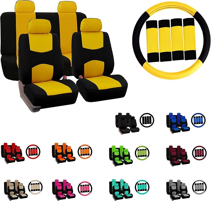 FH Group Car Seat Covers Flat Cloth Automotive Mint Full Set, Rear Solid Bench Universal Fit Combo Steering Wheel Cover & Seat Belt Pads Car Seat Protector for Cars Trucks SUV Interior Accessories