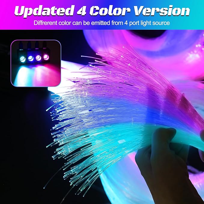 Split 4 Colors 12W Car Starlight Headliner Slim Kit 600pcs*0.02in*9.8ft with APP&RF Remote,RGBW Fiber Optic Starlight Kit,4 Port Engine Sound Activated Star Lights for Ceiling Car Roof/Home Decor