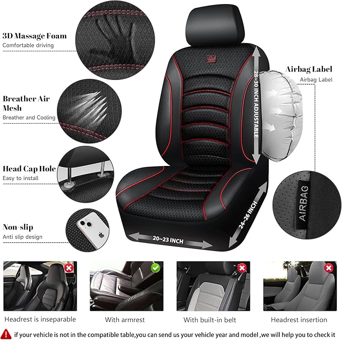 CAR PASS Comfortable 3D Foam Mesh Leather Car Seat Covers Front, Air Cool Mesh Breathable Front Seat Covers for Car, Universal Fit for SUV Truck Sedan Automotive, Airbag Compatible,Black Red