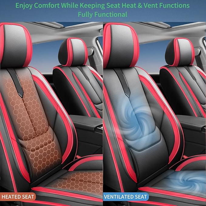 Fit Equus Car Seat Covers for Hyundai Equus 2011-2014 2015 -Upgraded Premium Waterproof & Breathable Leather,Airbag Compatible,All-Weather Seat Cushion Protector,2 Front/Black-Red