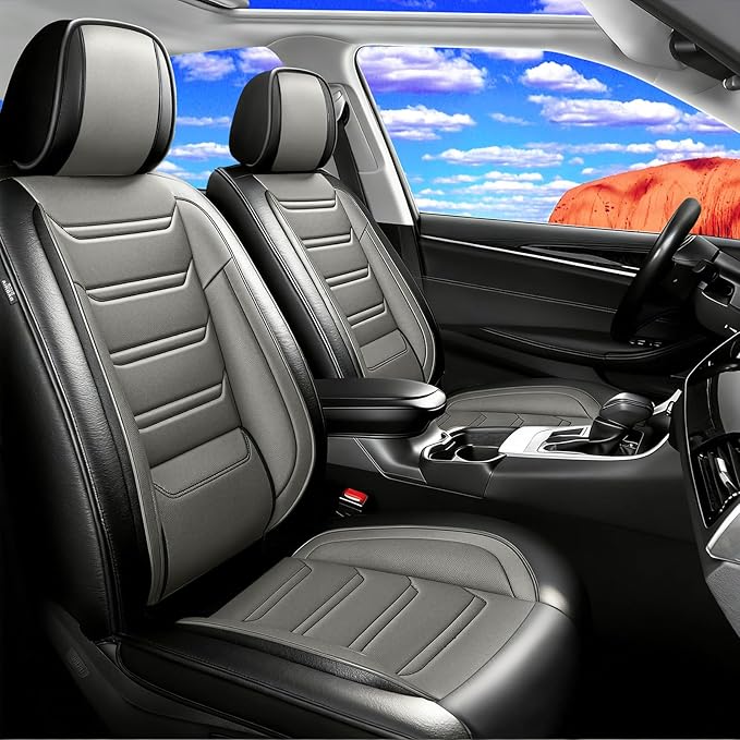 Car Seat Covers for Select Honda Fit 2007-2020, Premium Full Coverage Leather, Airbag Compatible& Scratch-Resistant, Waterproof & All Weather Breathable Seat Protector, Front Pair Black+Gray