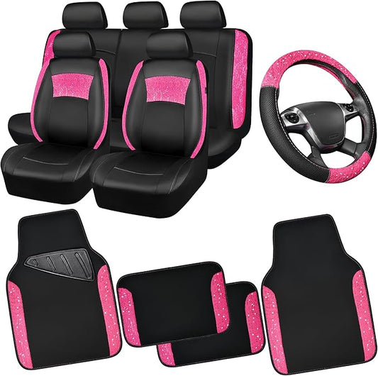 CAR PASS Universal Leather Pink Lace Car Seat Covers Full Set for Women Girls, Waterproof Car Floor Mats Carpet, Steering Wheel Cover for Car Accessories Interior Sets 10PCS Included