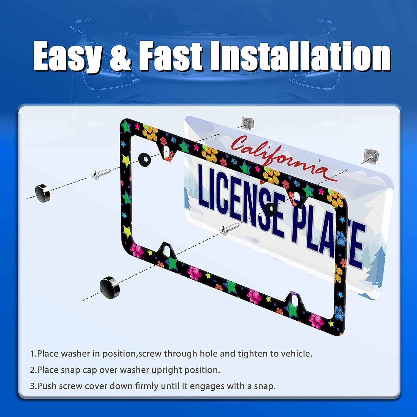 Colorful Animal Paw and Star License Plate Frame Colorful License Plate Stainless Steel Parts Funny License Plate Decorative with Screws Size 12.3" x 6.3" for Men Women