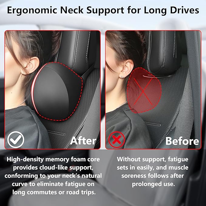 Car Neck Pillow, Memory Foam Car Neck Support with Adjustable Strap, Comfortable Ergonomic Design, Universal Fit Head Rest Travel Pillow Car Headrest for Driving (Black)