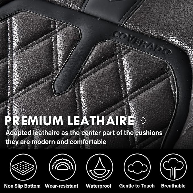Coverado Car Seat Covers Full Set, 5 Seats Covers for Cars, Car Seat Covers Front Seats Back Seat Covers, Car Seat Protector Luxury Leathaire Waterproof Seat Cushions Universal Fit Most Cars Black