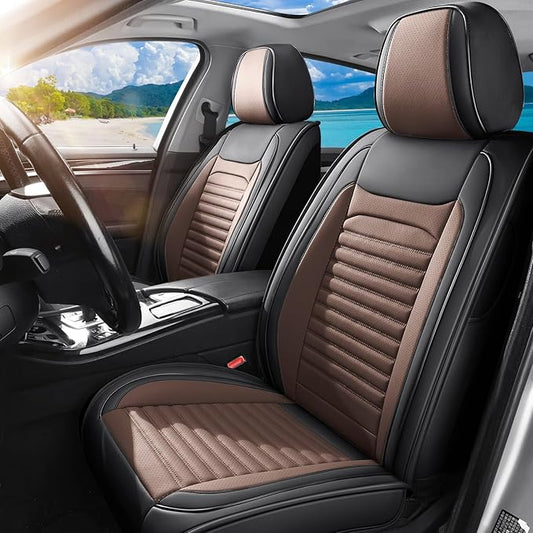 Truck Seat Covers Full Set Fit for Toyota Tacoma 2001-2025, Premium Faux Leather Car Seat Protector,Breathable Anti-Slip Full Wrapping Edge Seat Covers(Black&Brown,Full Set)
