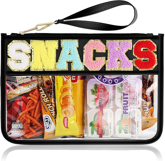 Snack Bag for Travel - Clear Chenille Varsity Letter Flat Pouch with Zipper, 12.2×8.46 inch Waterproof Clear Nylon Preppy Patch Makeup Cosmetic tote Bags for Women Girls