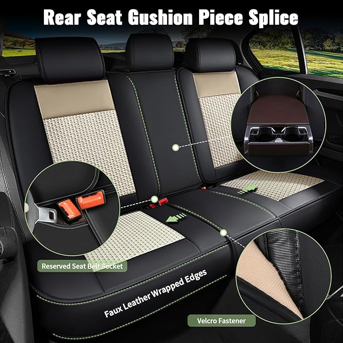 Car Seat Covers Full Set for Nissan Juke S/SV/SL 2011-2017, Breathable Cooling Ice Silk Leather Car Seat Covers, 5 Seats Vehicle Seat Protector Seat Cushion Auto Accessories (Black&Beige)