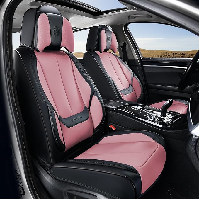 Coverado Universal Seat Covers Front, 2-Pack Universal Seat Covers for Cars, Waterproof Nappa Leather Car Seat Covers with Head Pillow, Auto Protectors Fit for Most Sedans Pick-up Truck-Black&Pink