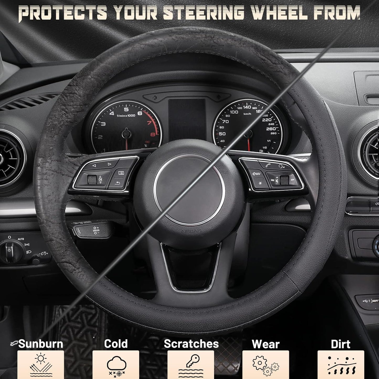 SEG Direct Car Steering Wheel Cover for Prius Civic Model 3 Model Y Camaro, Small Size 14-14.25 inch, Black Microfiber Leather