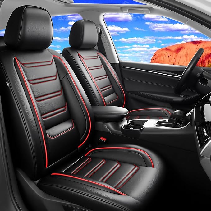 Fit HR-V Car Seat Covers (Front Pair) for Select Honda HRV 2016-2025 2026 LX/EX/EXL/Sport - Full Coverage Leather, Waterproof & All Weather Seat Cushion Protector, Black with Red Trim
