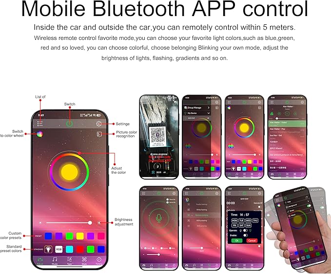 5 m Optic Fiber Car Ambient Lighting Kit Bluetooth App Control 64 Colors Multicoloured Music Interior Lighting Kit 12V 1W