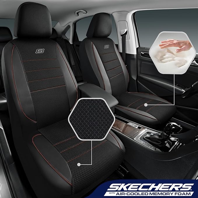 Skechers Air-Cooled Memory Foam Seat Covers,Mesh Thick Car Seat Covers,Piping Leather Car Seat Covers Front Seats,Airbag Compatible,Automotive Comfort Universal FitMost Cars,Vans,Truck,SUV,Brown