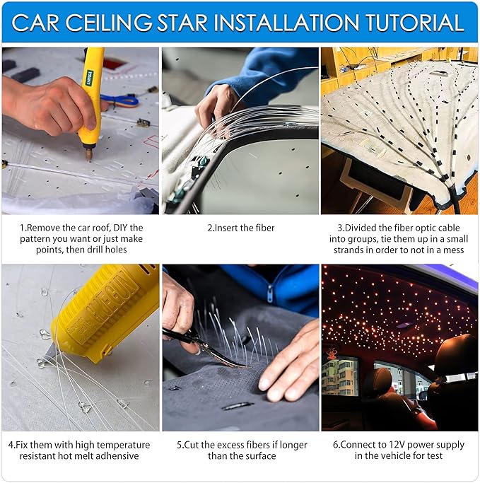 ATOKEE 10W Starlight Headliner Kit 250pcs 0.03in 9.8ft, Twinkle + Sound Activated Fiber Optic Star Roof Lights for Car Use with APP/Remote