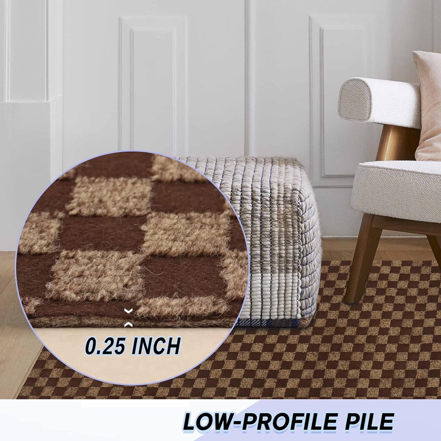 Custom Size Backed Non-Slip Area Rugs Runner, Easy Clean, Waterproof Runner Rugs for Hallway Entryway, Kitchen, Laundry, 4FT x 46FT, Brown Checkered
