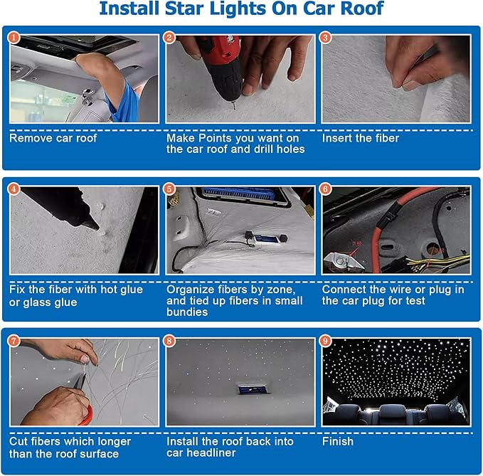 AMKI Updated 16W Starlight Headliner Kits 650pcs 0.03in 9.8ft Twinkle + Music Mode Mixed APP Remote Sound Control Car Home RGBW Fiber Optic Light Star Ceiling Light Kit