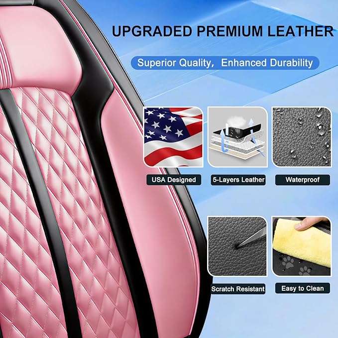 Fit RAV4 Car Seat Covers for Select Toyota RAV 4 2013-2026 /RAV4 Hybrid - Premium Full Coverage Leather, Waterproof & All Weather Seat Cushion Protector, Full Set, Black+Pink