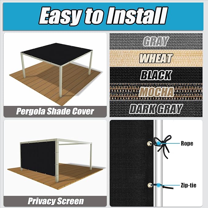 Amagenix 90% Shade Fabric 10'X 19' Black Sun Shade Cloth with Grommets for Pergola Replacement Shade Cover Canopy, Heavy Duty, Cable Zip Ties Included (We Customized)