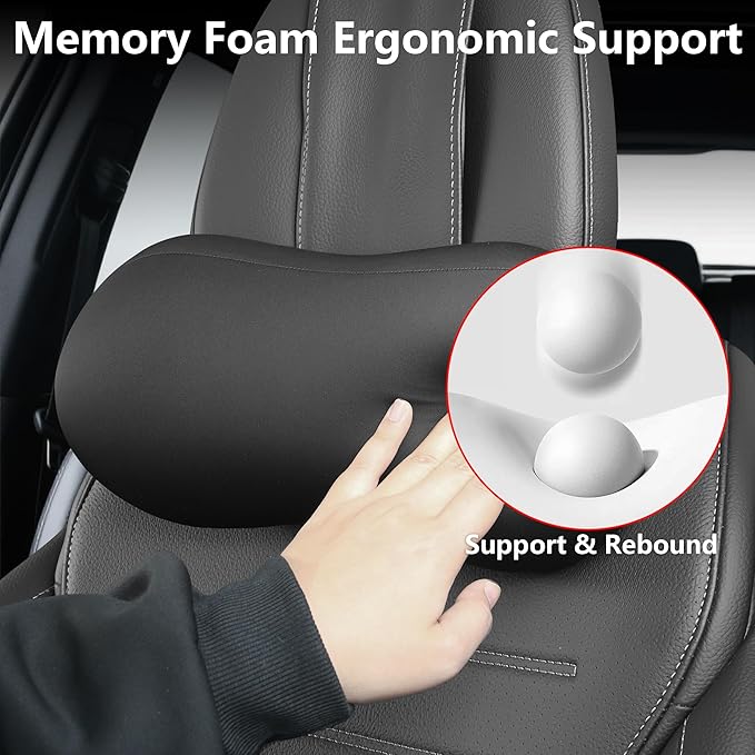 Car Neck Pillow, Memory Foam Car Neck Support with Adjustable Strap, Comfortable Ergonomic Design, Universal Fit Head Rest Travel Pillow Car Headrest for Driving (Black)