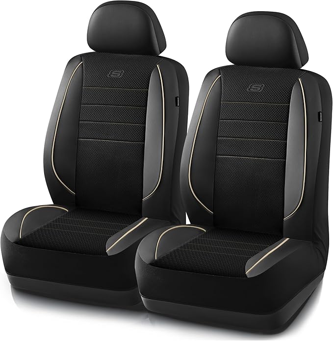 Skechers Air-Cooled Memory Foam Seat Cover, Mesh Thick Car Seat Covers,Piping Leather Car Seat Covers Front Seats, Airbag Compatible, Automotive Comfort for Most Cars, Vans, Trucks, SUV, Beige