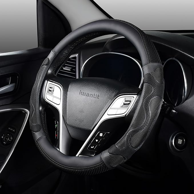 Iwantit® Car Steering Wheel Covers with 3D Silicone Honeycomb for Men,Anti-Slip Design and Breathable Fabric,Universal Fit 14.5-15 Inches (Full Black)