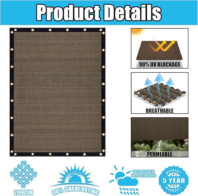 Amagenix 90% Shade Fabric 12'X 12' Mocha Sun Shade Cloth with Grommets for Pergola Replacement Shade Cover Canopy, Heavy Duty, Cable Zip Ties Included (We Customized)