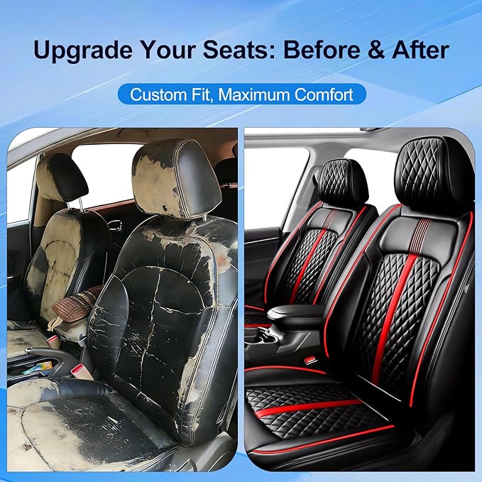Fit Ridgeline Car Seat Covers for Select Honda Ridgeline 2007-2026 - Premium Full Coverage Leather, Airbag Compatible, Waterproof All Weather Seat Cushion Protector, Full Set, Red Trim