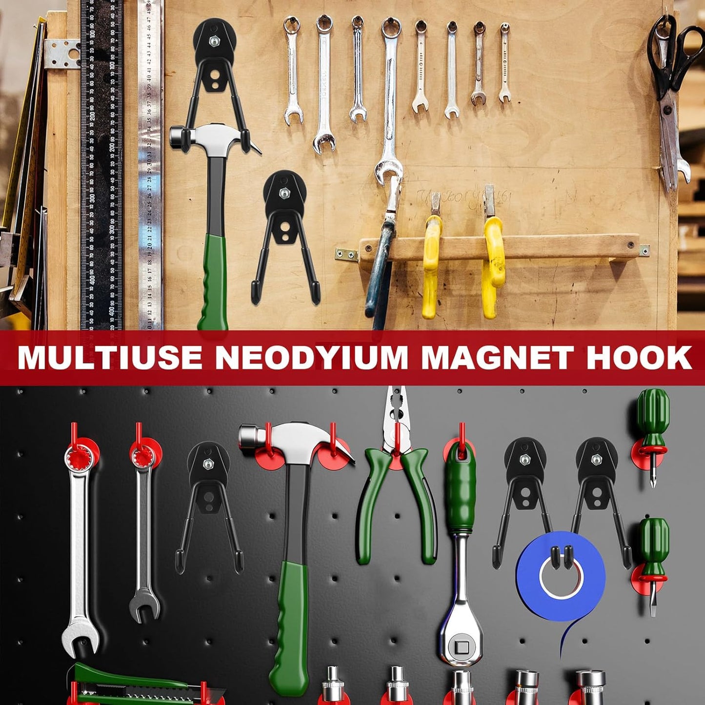 Landhoow Large Magnetic Hooks Heavy Duty Garage Magnet Hooks Strong Storage Utility Magnetic Hangers with Anti Slip Rubber Coating for Indoor and Outdoor Hanging(Black,14 Pcs)