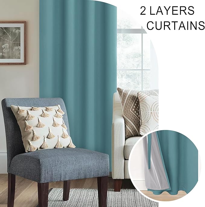 XWZO 100% Blackout Curtains - Thermal Insulated Black Liner Curtains, Noise Reducing and Heat Blocking Drapes for Hall and Studio Windows with Tiebacks, Stone Blue, W42 x L72, Set of 2