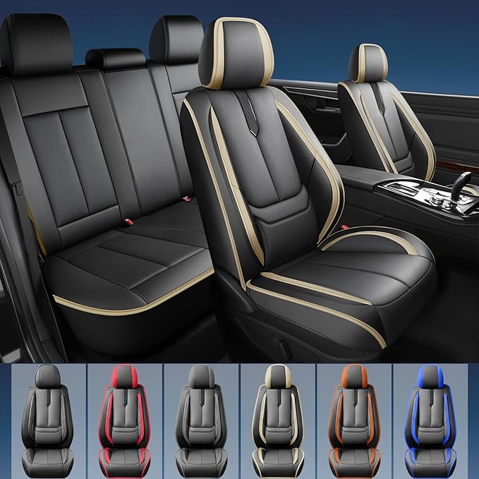 Fit Accent Car Seat Covers for Hyundai Accent 2006-2025 2026 -Upgraded Premium Waterproof & Breathable Leather,Airbag Compatible,All-Weather Seat Cushion Protector,Full Set,Black-Beige