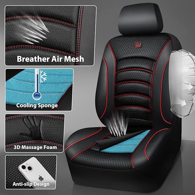CAR PASS Comfortable 3D Foam Mesh Leather Car Seat Covers Front, Air Cool Mesh Breathable Front Seat Covers for Car, Universal Fit for SUV Truck Sedan Automotive, Airbag Compatible,Black Red