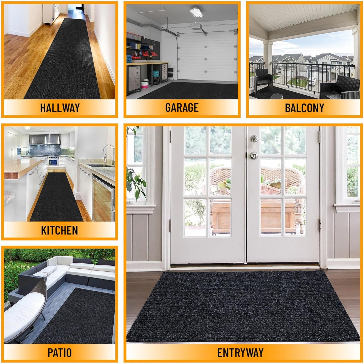 Ottomanson 2' x 10' Hallway Runner with Scraper Pile Extra Durable Non-Slip Rug Mat for Indoor & Outdoor Use - Ideal for Kitchen, Entryway, Patio & Garage - High-Traffic Carpet, Black