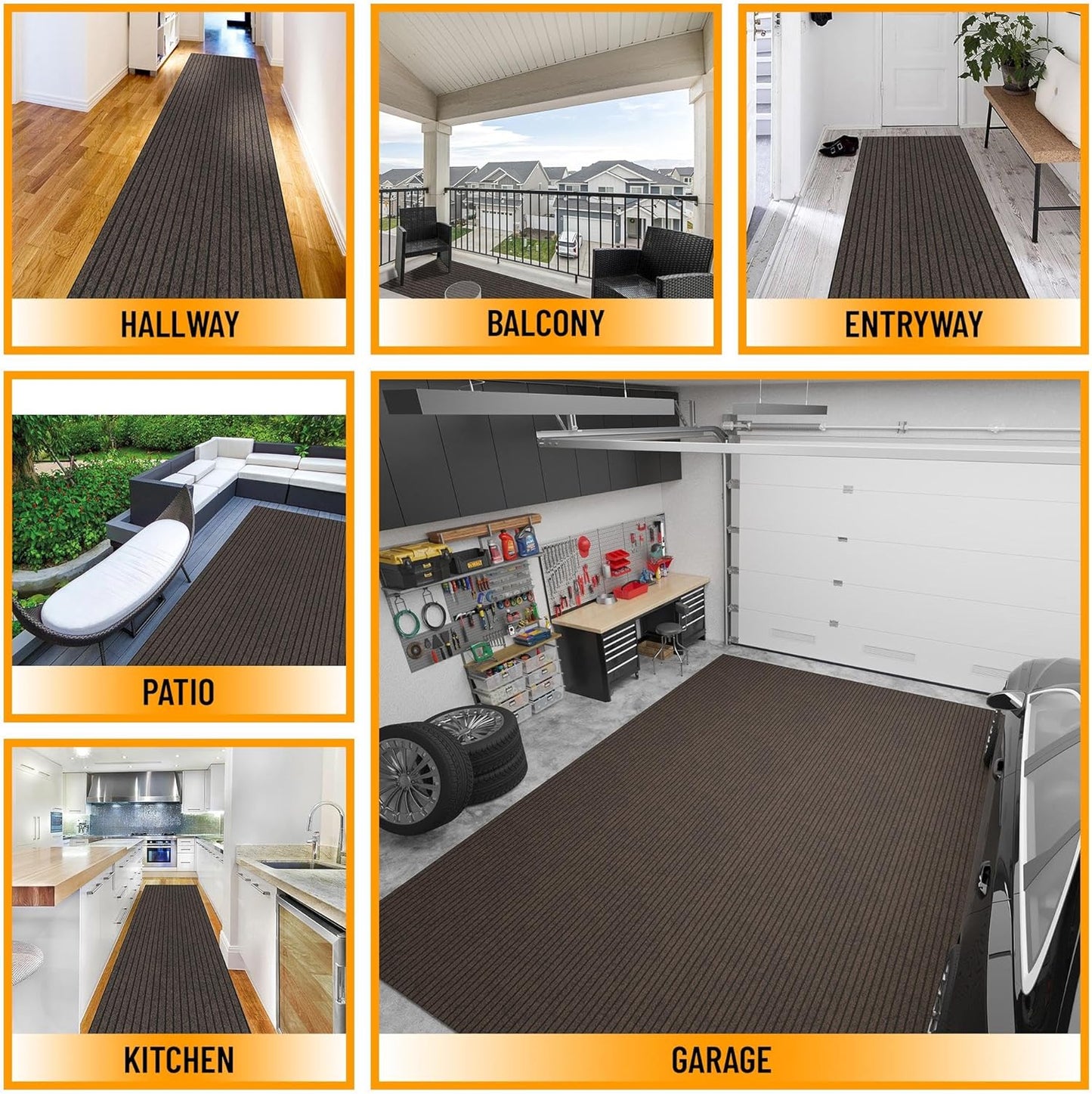 Ottomanson 2' x 8' Hallway Runner with Scraper Pile Extra Durable Non-Slip Rug Mat for Indoor & Outdoor Use - Ideal for Kitchen, Entryway, Patio & Garage - High-Traffic Carpet, Brown