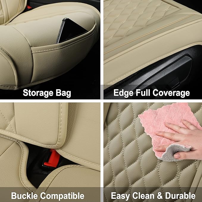 Car Seat Covers Full Set,Universal Fit for Most Cars,SUV,Sedans and Pick-up Trucks,Automotive Vehicle Faux Leather Cushion Covers for 5 Passenger Cars(Full Set,Beige)