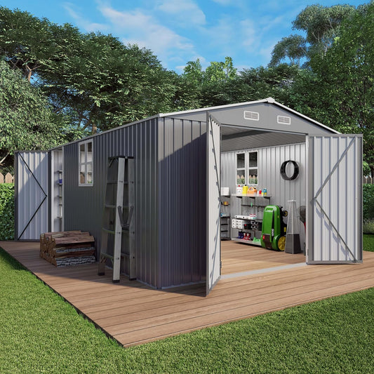 10x14x6.7FT Outdoor Storage Shed, Galvanized Steel Garden Shed with Lockable Door & Window, Waterproof Metal Tool Storage for Garden, Backyard, Patio, Lawn(Grey)
