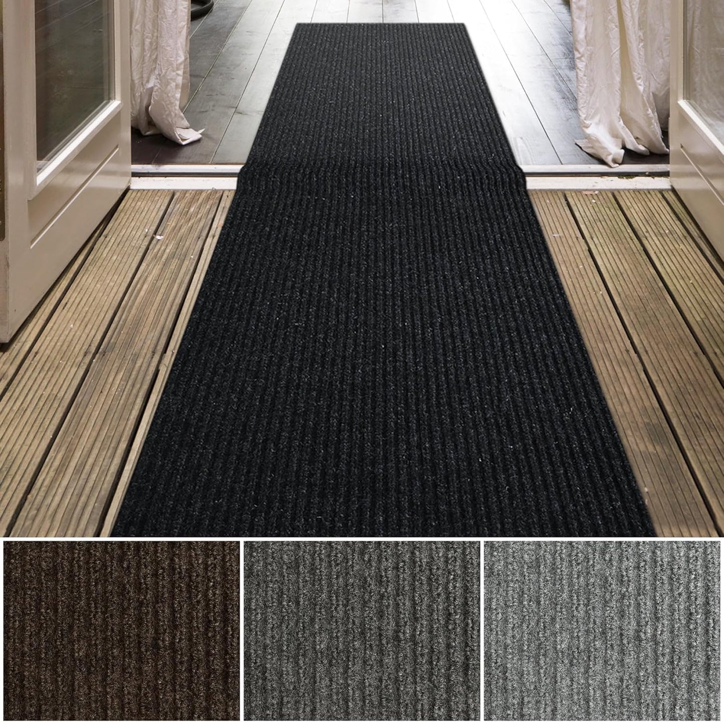 iCustomRug Spartan Weather Warrior Indoor/Outdoor Utility Ribbed Carpet Runner with Non-Slip Thermoplastic Rubber Backing, 28in X 50ft in Black