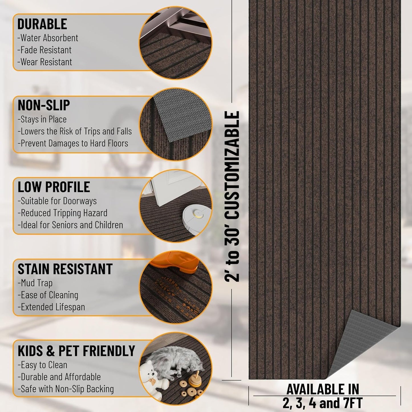 Ottomanson 2'7" x 16' Hallway Runner with Scraper Pile - Extra Durable Non-Slip Rug Mat for Indoor & Outdoor Use - Ideal for Kitchen, Entryway & Garage - High-Traffic Carpet, Brown