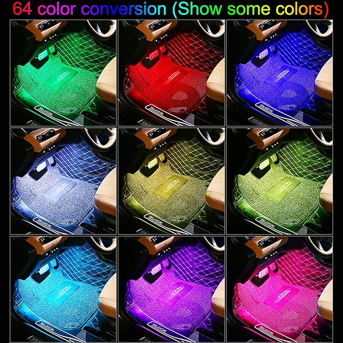 Car Ambient Lighting Kit 64 Colors Multicoloured Music Footwell Lighting RF Remote + APP Control Car DIY Decorative Atmosphere Lighting DC 12V 1W