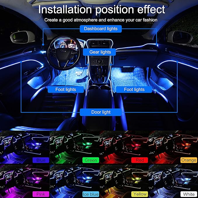 6 Meters Optic Fiber Car Ambient Lighting with RF Remote Control 64 Colors Multicoloured Music Interior Footwell Lighting Kit DC 12V 1W