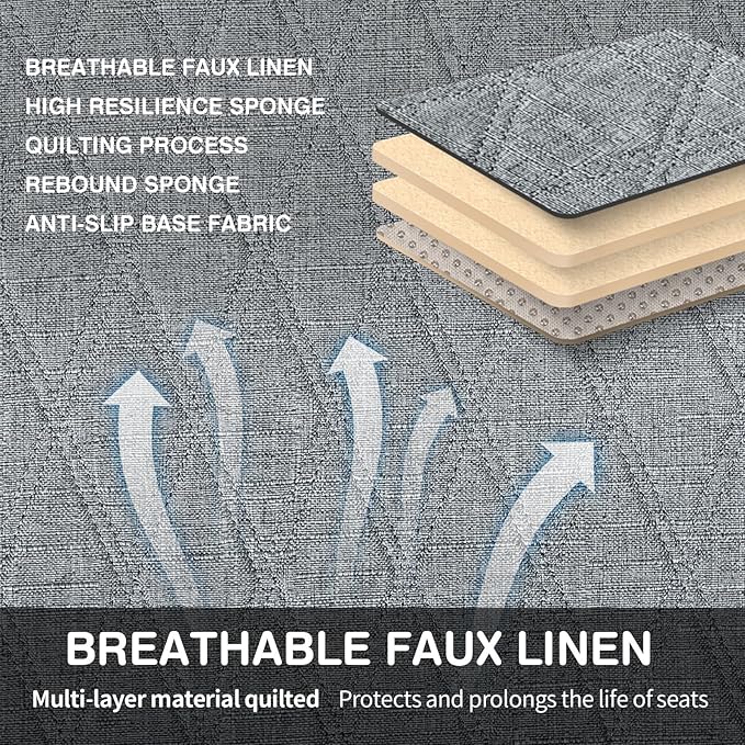 Universal Grey Anti-Slip Rear Car Seat Cover Size L - Faux Linen Bottom Bench Seat Cushion Fits Most of Vehicles Cars Truck SUV Van - Automotive Long Back Seats Protectors with Storage Pocket