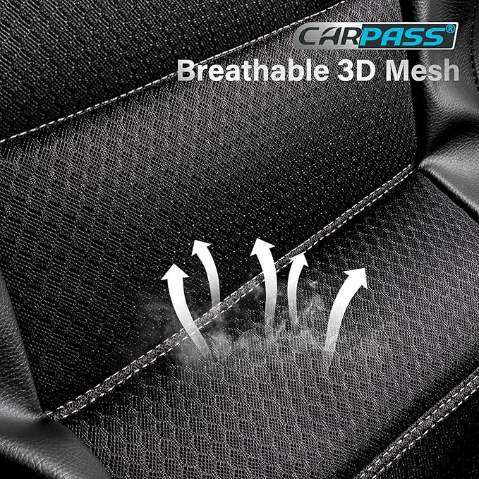 CAR PASS Memory Foam Back Car Seat Covers,Thick 3D Foam Mesh Bench Seat Covers Leather Metallic, Air Cool Rear Seat Cover Black Gray Aluminum Film, Comfort for Cars, Trucks, SUVs Automotive,Black Gray