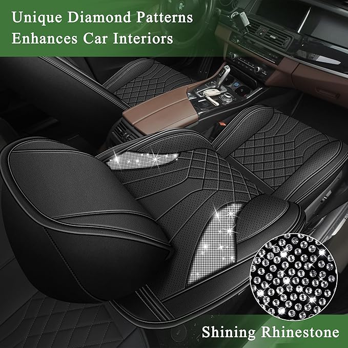 Bling Diamond Embroidered Seat Covers for Honda Civic 2003-2026, Full Set 5 Seats, Sparkle Rhinestone Breathable Perforated Faux Leather Car Seat Covers for Women (Black)
