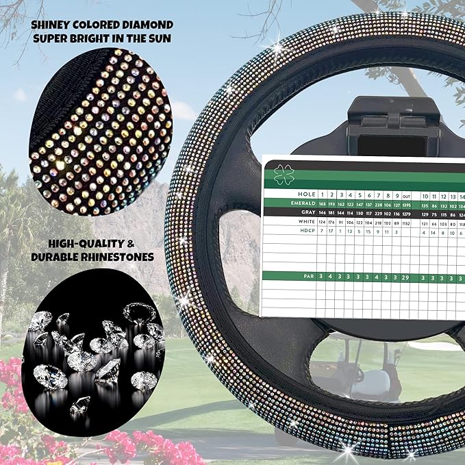 Universal Colorful Bling Crystal Diamond Rhinestones Golf Cart Steering Wheel Cover fits Club Car, Yahama, EZGO, Anti Slip Cover Easy to Install, Great Gifts for Golfer Women Womens (Colored Diamond)