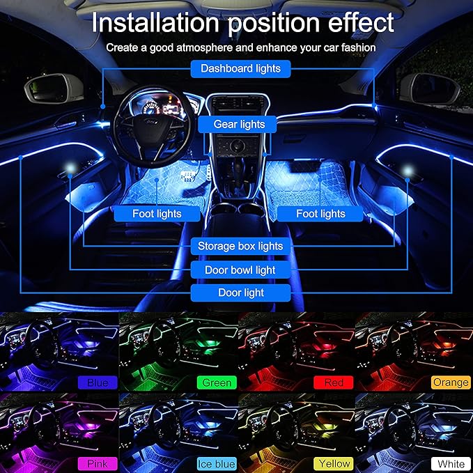 64 Colors Car Ambient Lighting Fiber Optic APP Control Multicoloured Music Car Atmosphere Decorative Lighting Kit 1W DC 12V-24V 6m